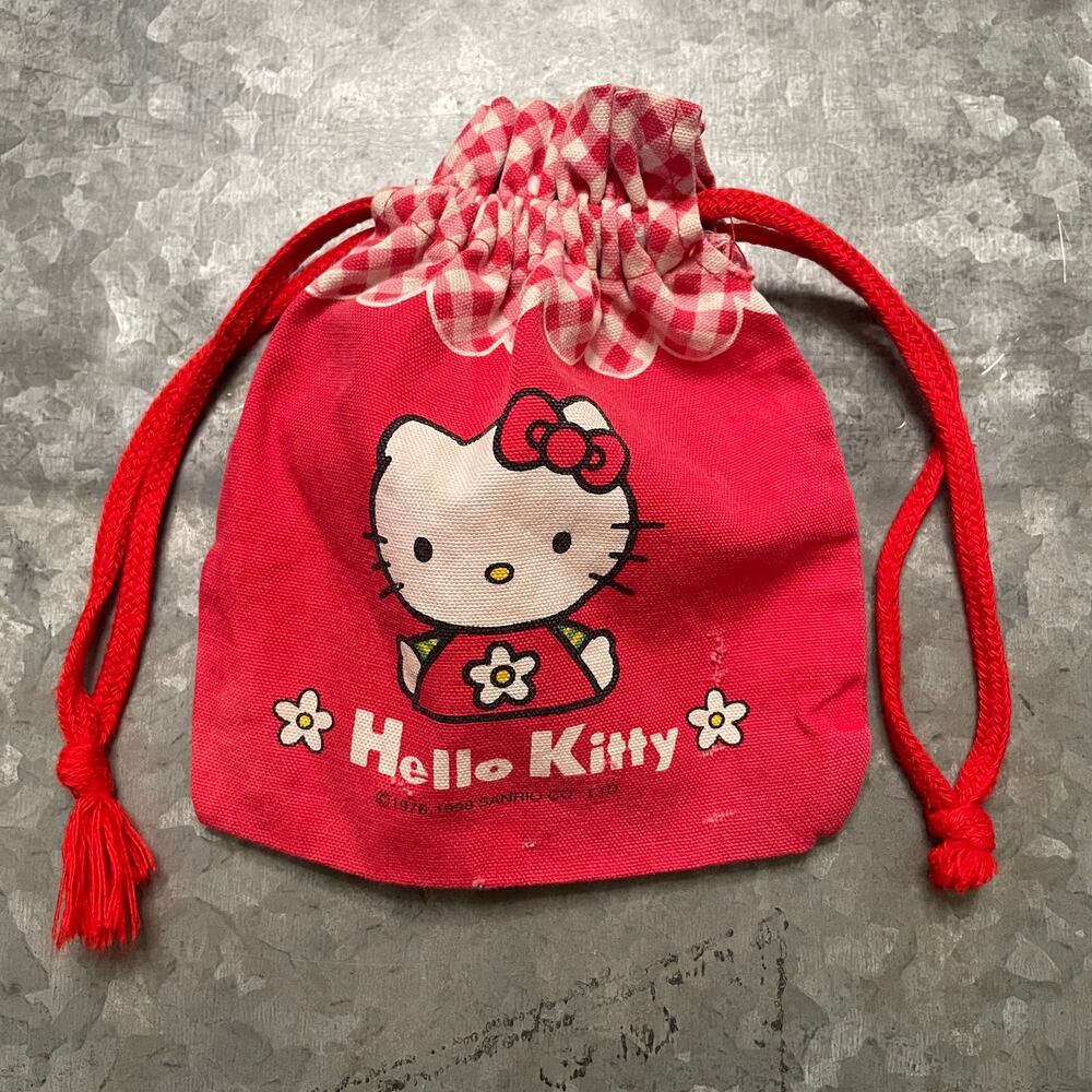 Vintage 90s Sanrio Hello Kitty Drawstring Bag Pouch Mini Red Plaid Bear Bird